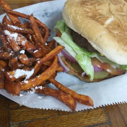 The Downtowner Restaurant - Hamburger with sweet potatoe fries and powder sugar