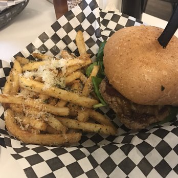Stanton's City Bites - Turkey burger with Italian fries (dusted with Italian seasoning, Parmesan cheese and sprinkled with truffle oil!). - Burgers Near Me - Houston, Texas Stanton's City Bites - Turkey burger with Italian fries (dusted with Italian seasoning, Parmesan cheese and sprinkled with truffle oil!). - Burgers Near Me - Houston, Texas