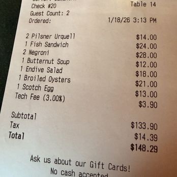 The Bell - a 3% "tech fee" (not a credit card fee), what nonsense. Our lunch for two was almost $150 due to high price points on everything - Pubs Near Me - New Orleans, Louisiana The Bell - a 3% "tech fee" (not a credit card fee), what nonsense. Our lunch for two was almost $150 due to high price points on everything - Pubs Near Me - New Orleans, Louisiana