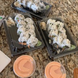 Vegetable roll, California roll, and asparagus roll (no tempura) and spicy mayo sauce on side. Vegetable roll, California roll, and asparagus roll (no tempura) and spicy mayo sauce on side.