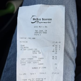 McKee SeaFood Supermarket - Receipt showing how much they ripped me off. If they did it to me, they'll do it to you. - International Grocery Near Me - San Jose, California McKee SeaFood Supermarket - Receipt showing how much they ripped me off. If they did it to me, they'll do it to you. - International Grocery Near Me - San Jose, California