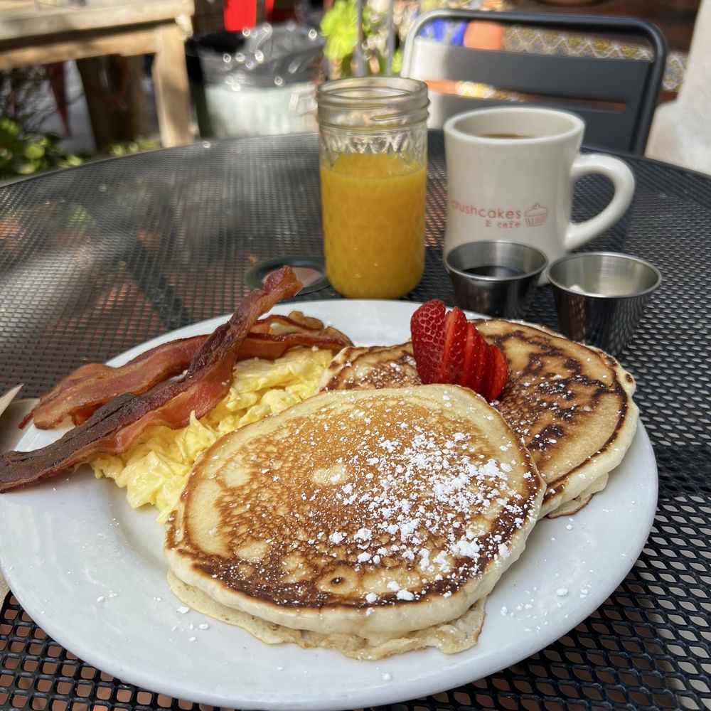Eggs, pancakes and bacon with OJ and coffee - $26 before tip. Eggs, pancakes and bacon with OJ and coffee - $26 before tip.