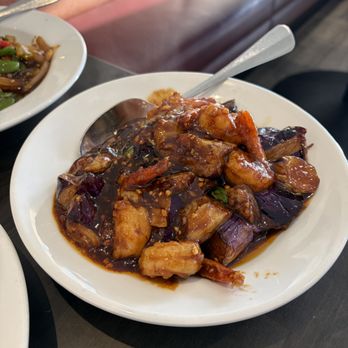 Burma Bay Cafe - Garlic Shrimp with Eggplant, $19.95 (note the oil in the dish) - Burmese Near Me - Fremont, California