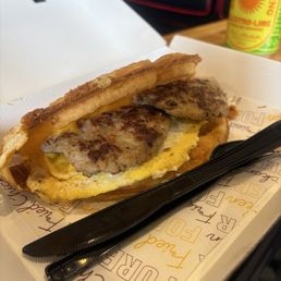 "GRILLED CHEESE" WAFFLE SANDWICH with sausage "GRILLED CHEESE" WAFFLE SANDWICH with sausage
