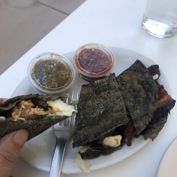 Bombera - Blue corn quesadilla with mushrooms and pork belly - Mexican Near Me - Oakland, California Bombera - Blue corn quesadilla with mushrooms and pork belly - Mexican Near Me - Oakland, California