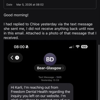 Bear-Glasgow Dental - Proof that I replied back to their office text regarding wanting an appointment. - General Dentistry Near Me - Newark, Delaware