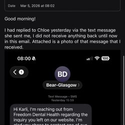 Bear-Glasgow Dental - Proof that I replied back to their office text regarding wanting an appointment.