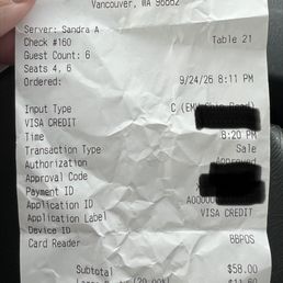 Receipt providing proof of table size, 20% automatic gratuity, and 3% surcharge for paying by card. Receipt providing proof of table size, 20% automatic gratuity, and 3% surcharge for paying by card.