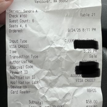 Hudson's Bar And Grill - Receipt providing proof of table size, 20% automatic gratuity, and 3% surcharge for paying by card. - New American Near Me - Vancouver, Washington Hudson's Bar And Grill - Receipt providing proof of table size, 20% automatic gratuity, and 3% surcharge for paying by card. - New American Near Me - Vancouver, Washington