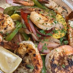 Greek Town Gyros - Shrimp and veggie platter over rice & lentils