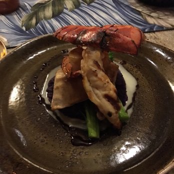 Tidepools - Hawaiian Catch: Lobster (5 stars), Monchong (3 stars), Shrimp and Scallop (?? stars since wife didn't share), and sweet potatoes (4 stars) - Hawaiian Near Me - Poipu, Hawaii