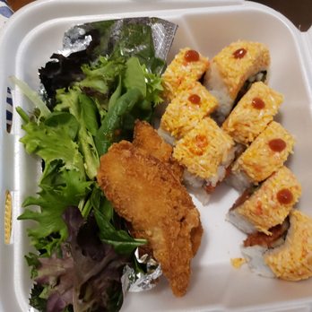 The Sushi By Jin - Mucho Caliente roll. Super spicy and delicious. AND they threw in some fried fish fillet and salad. - Japanese Near Me - Fullerton, California