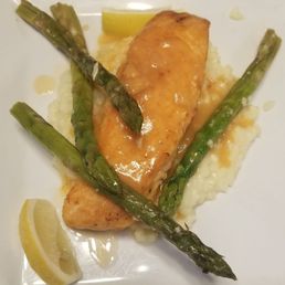 Pan Seared Salmon with risotto and asparagus.