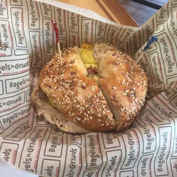Bagels 'n Grinds - Everything bagel with eggstreamly meaty sandwich - Breakfast & Brunch Near Me - Hanover, Maryland