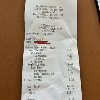 Chick-fil-A - Receipt - Fast Food Near Me - Columbia, Maryland Chick-fil-A - Receipt - Fast Food Near Me - Columbia, Maryland