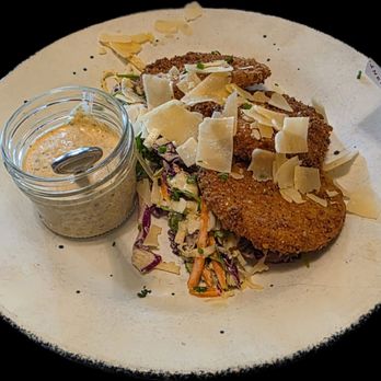 Jack Allen's Kitchen - 3 of the 4 fried green tomatoes that came with this appetizer, plus slaw and spicy sauce - Southern Near Me - Round Rock, Texas