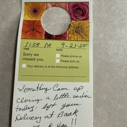 Mitchell's Floral Design & Gifts - I spoke with them that morning so they had my number to call and say this but instead left the arrangement outside in 80+ degree weather