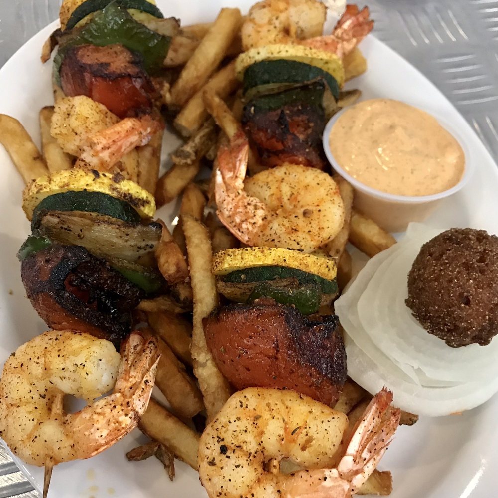 Flying Burger - Shrimp kebabs with fries - Burgers Near Me - El Dorado, Arkansas Flying Burger - Shrimp kebabs with fries - Burgers Near Me - El Dorado, Arkansas