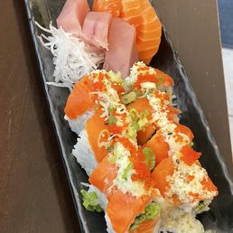 Top: Appetizer Sashimi ($9.95) Bottom: Alaska Roll ($11.50) Top: Appetizer Sashimi ($9.95) Bottom: Alaska Roll ($11.50)
