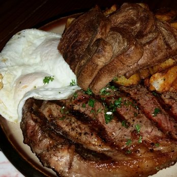 The Hideout Kitchen - Rib eye steak and eggs.  HUGE! - New American Near Me - Lafayette, California
