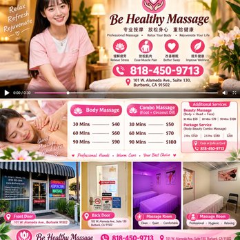 Be Healthy Massage - Be Healthy Massage
8184509713
101 W. Alameda Ave Burbank 91502
If you experience compression and pain in your neck or discomfort in yo - Massage Near Me - Burbank, California Be Healthy Massage - Be Healthy Massage
8184509713
101 W. Alameda Ave Burbank 91502
If you experience compression and pain in your neck or discomfort in yo - Massage Near Me - Burbank, California