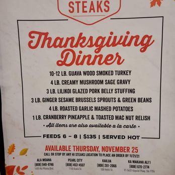 HI Steaks Ala Moana - Still waiting on Thanksgiving meal pickup...supposed to be ready half hour ago. - Steakhouses Near Me - Honolulu, Hawaii HI Steaks Ala Moana - Still waiting on Thanksgiving meal pickup...supposed to be ready half hour ago. - Steakhouses Near Me - Honolulu, Hawaii