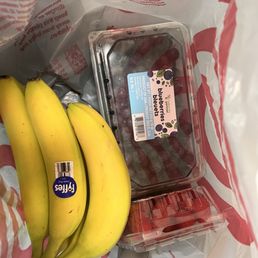 bananas, blueberries, and raspberries