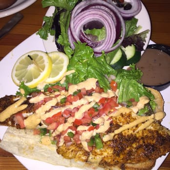 Ithaca Ale House - Blackened fish sandwich with a side of house salad - New American Near Me - Ithaca, New York