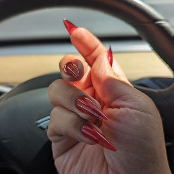 Kathy's Nails - Blood red jelly polish on stiletto gel x nails - Nail Salons Near Me - Santa Ana, California Kathy's Nails - Blood red jelly polish on stiletto gel x nails - Nail Salons Near Me - Santa Ana, California