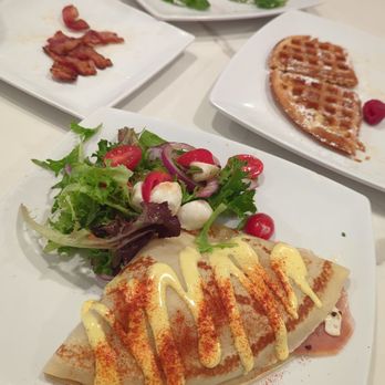 Euro Caffe - Eggs Benedict crepe, steak & egg sandwich, waffle (we already ate half!) and bacon side - Coffee & Tea Near Me - Orange, California