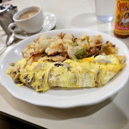 Mushroom, spinach, cheddar omelette. Always a solid breakfast Mushroom, spinach, cheddar omelette. Always a solid breakfast