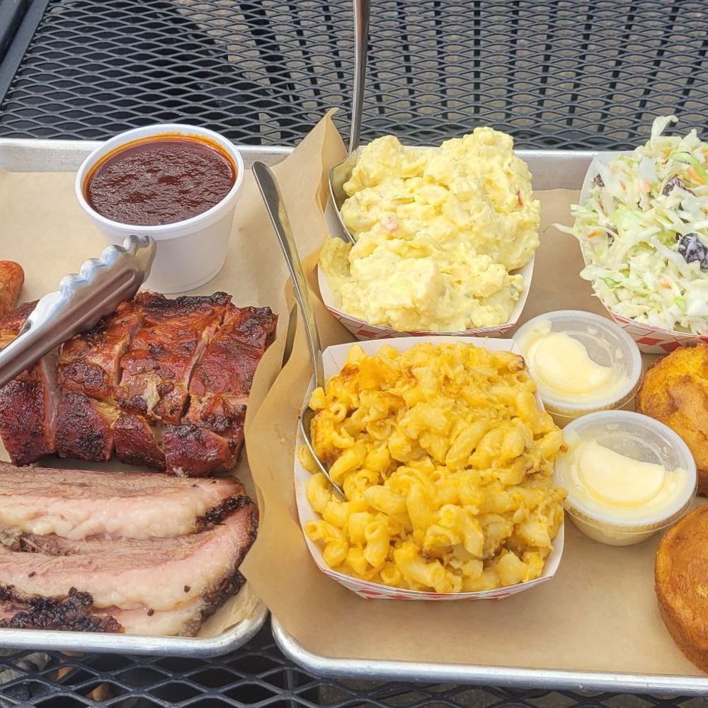 Hog Wild Bar-B-Que - Combo platter, brisket, jalapeño cheese sausage, baby back ribs, beans,mac and cheese, potato salad, corn bread, coleslaw, a full food fest! - Barbeque Near Me - Placerville, California Hog Wild Bar-B-Que - Combo platter, brisket, jalapeño cheese sausage, baby back ribs, beans,mac and cheese, potato salad, corn bread, coleslaw, a full food fest! - Barbeque Near Me - Placerville, California