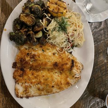 The '401 - Parmesan-Crusted Rainbow Trout, Fire-Roasted Brussels Sprouts, Sun-Dried Tomato Lemon Pasta - American Near Me - Bellaire, Texas The '401 - Parmesan-Crusted Rainbow Trout, Fire-Roasted Brussels Sprouts, Sun-Dried Tomato Lemon Pasta - American Near Me - Bellaire, Texas