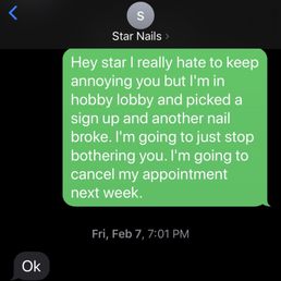 My text to Star about my nail breaking and her response. "Ok"