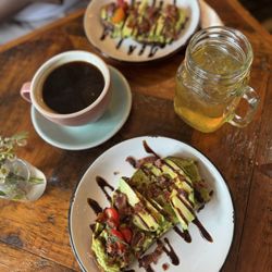 Musette Wine Bar - Avocado toast w/ bacon, an americano and iced green tea