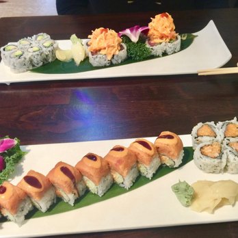 Wasabi Sushi - Wasabi Combo Lunches: On top, left to right, Shrimp and Avocado Roll and Volcano Roll. At the bottom, Crazy Roll and Spicy Salmon Roll. - Japanese Near Me - West Orange, New Jersey Wasabi Sushi - Wasabi Combo Lunches: On top, left to right, Shrimp and Avocado Roll and Volcano Roll. At the bottom, Crazy Roll and Spicy Salmon Roll. - Japanese Near Me - West Orange, New Jersey