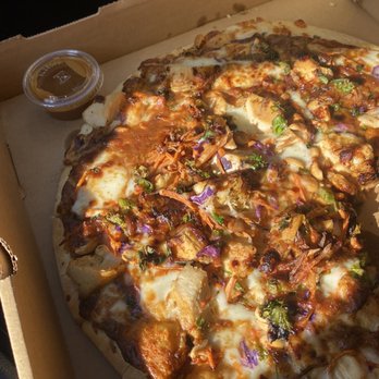 Fugazzis - Thai Chicken Pizza, plus extra side of peanut sauce - Diners Near Me - Visalia, California