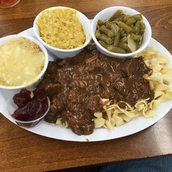 Kelley's Country Cookin' - Beef tips over noodles with cornbread dressing, broccoli and cheese casserole and green beans....OMG!!! - American Near Me - Houston, Texas Kelley's Country Cookin' - Beef tips over noodles with cornbread dressing, broccoli and cheese casserole and green beans....OMG!!! - American Near Me - Houston, Texas