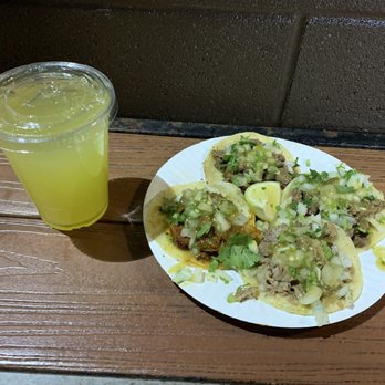 Los California Tacos - 2 asada (steak), 1 carnitas (fried pork), and 1 al pastor (BBQ pork) + Pineapple water (medium - $1.60) - Food Trucks Near Me - Pasadena, California