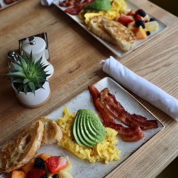 Press Café - a breakfast of eggs, bacon, fruit, and toast - American Near Me - Aledo, Texas