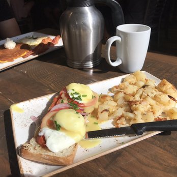 First Watch - Eggs Benedict with smoked salmon and the tri-fecta with pumpkin pancake. - Breakfast & Brunch Near Me - San Antonio, Texas