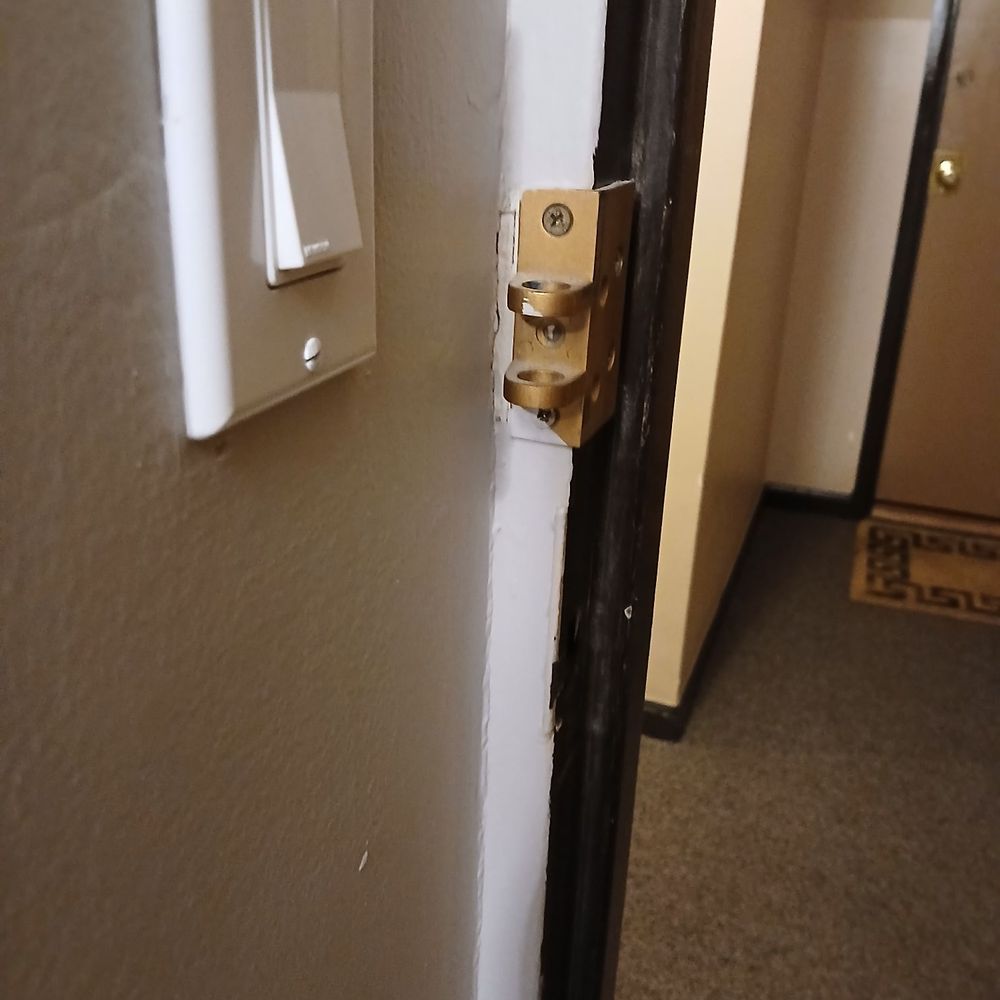 The old angled strike is still there. I paid for a new jommy lock. The old angled strike is still there. I paid for a new jommy lock.