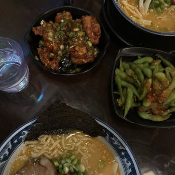 HINODEYA Ramen Union Square - Spicy Miso Ramen Yu-Lin-Chi (Fried Chicken with Sweet & Spicy Sauce). Spicy Edamame - Ramen Near Me - San Francisco, California