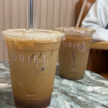 Drift Cafe - Narragansett - my iced vanilla almond milk latte ( front ) and my moms turkish latte ( back ) - Coffee & Tea Near Me - Narragansett, Rhode Island