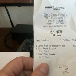 Simple Simon’s - Original receipt of the Large pizza we used to order and the 2 sodas we ordered when eating in at the Crowley location.