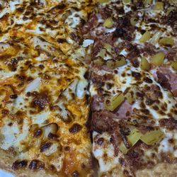 Simple Simon Pizza - A true half and half pizza with Buffalo Chicken and Hawaiian