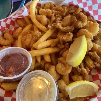 Hooked Fish Camp - Tackle box with clam strips and popcorn shrimp, maybe salad shrimp, they are small. - Seafood Near Me - Sanford, Florida Hooked Fish Camp - Tackle box with clam strips and popcorn shrimp, maybe salad shrimp, they are small. - Seafood Near Me - Sanford, Florida