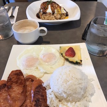 Photo of Moena Café - Honolulu, HI, United States. Loco moco, Portuguese Sausage and egg plate with vanilla latte