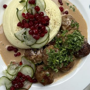 Bakfickan - Traditional Swedish meatballs with cucumbers and lingonberries. - Scandinavian Near Me - Stockholm, Alberta