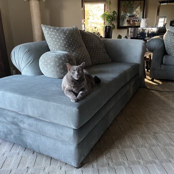 Evco Custom Upholstery - Chaise has matching blue cushions but I took them off to use the more casual throw pillows they made for me. - Furniture Reupholstery Near Me - Sacramento, California Evco Custom Upholstery - Chaise has matching blue cushions but I took them off to use the more casual throw pillows they made for me. - Furniture Reupholstery Near Me - Sacramento, California